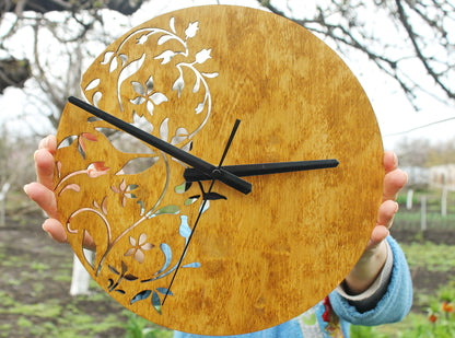 Wooden floral clock - walnut color - 300 mm - 11.8 inches - light and ready to ship - handmade clock - Silent clock mechanism