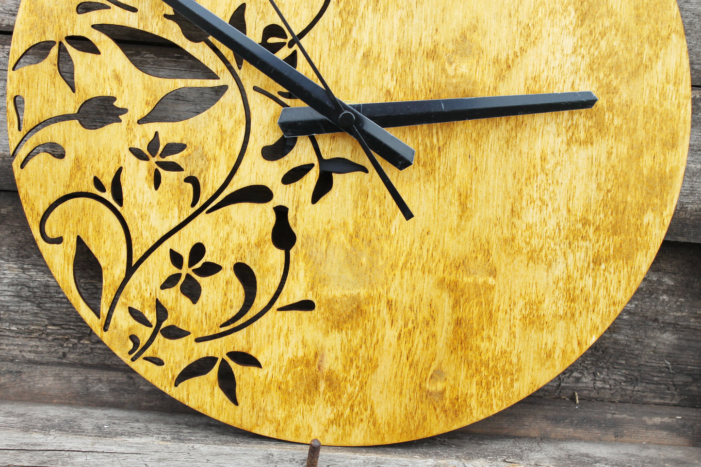 Wooden floral clock - walnut color - 300 mm - 11.8 inches - light and ready to ship - handmade clock - Silent clock mechanism