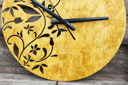 Wooden floral clock - walnut color - 300 mm - 11.8 inches - light and ready to ship - handmade clock - Silent clock mechanism