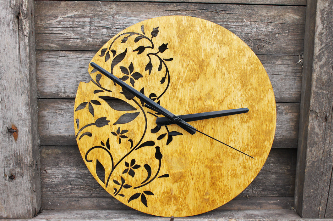 Wooden floral clock - walnut color - 300 mm - 11.8 inches - light and ready to ship - handmade clock - Silent clock mechanism