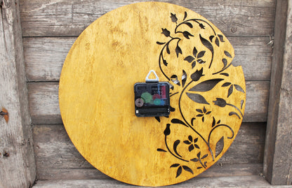 Wooden floral clock - walnut color - 300 mm - 11.8 inches - light and ready to ship - handmade clock - Silent clock mechanism