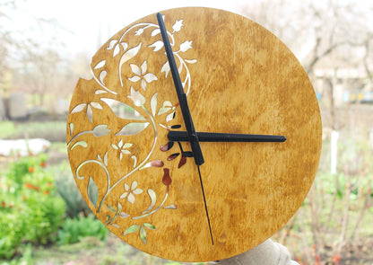 Wooden floral clock - walnut color - 300 mm - 11.8 inches - light and ready to ship - handmade clock - Silent clock mechanism