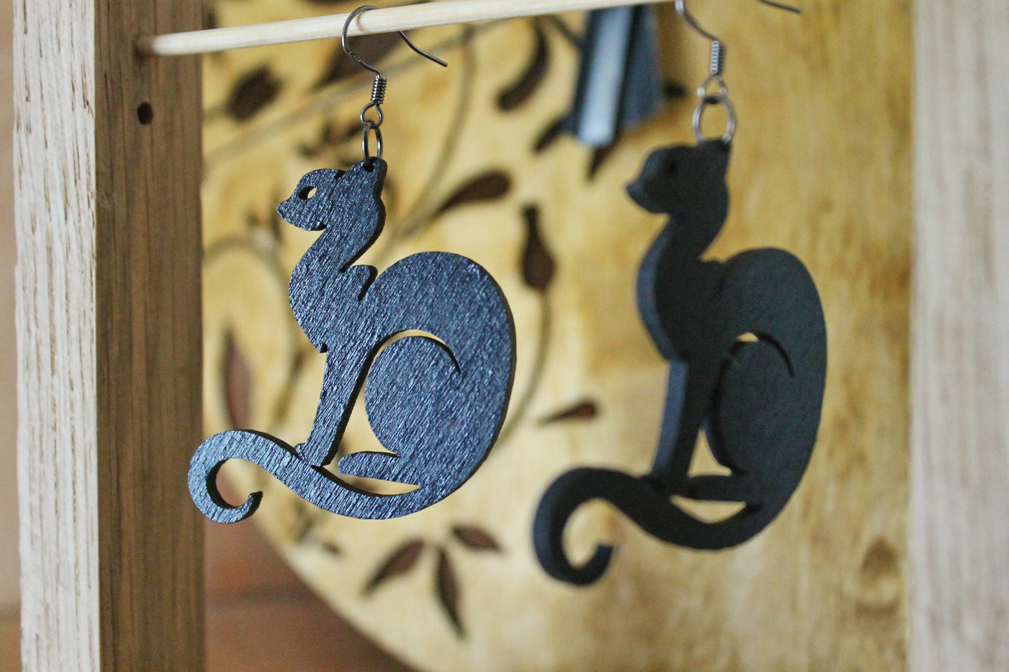 Wooden black earrings - with silver plated hooks - Cats 45x50 mm - 1.8x2 inches - made of plywood