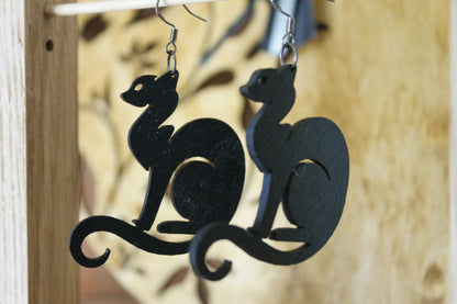 Wooden black earrings - with silver plated hooks - Cats 45x50 mm - 1.8x2 inches - made of plywood