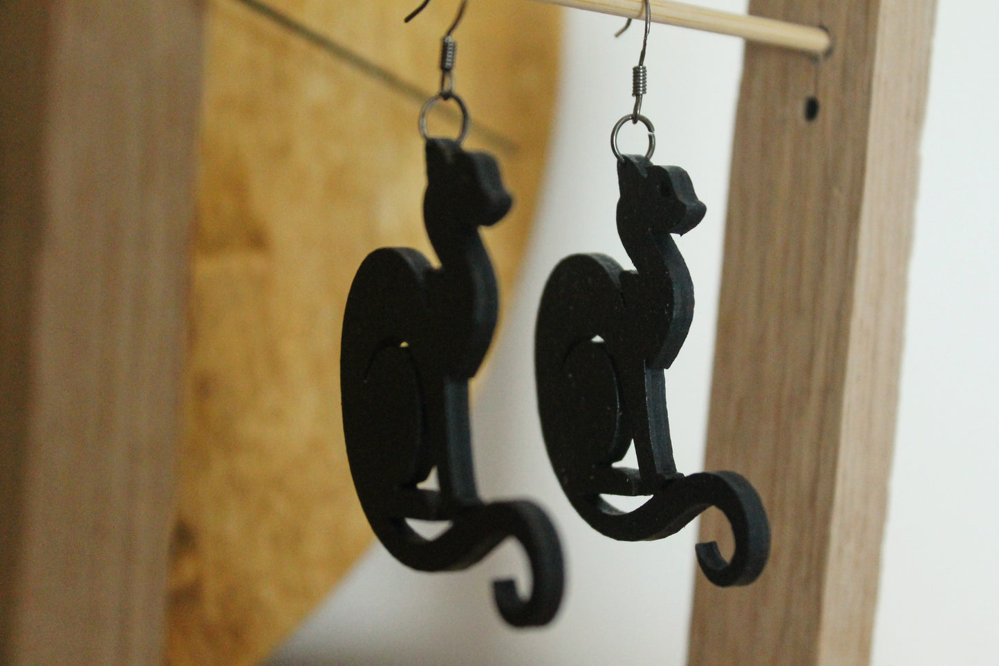 Wooden black earrings - with silver plated hooks - Cats 45x50 mm - 1.8x2 inches - made of plywood