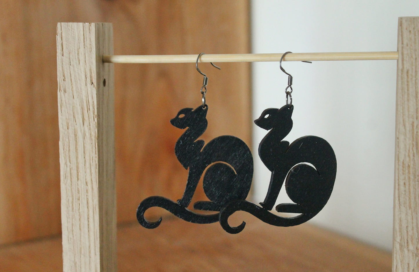 Wooden black earrings - with silver plated hooks - Cats 45x50 mm - 1.8x2 inches - made of plywood