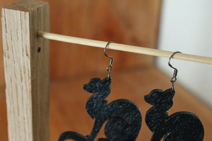 Wooden black earrings - with silver plated hooks - Cats 45x50 mm - 1.8x2 inches - made of plywood