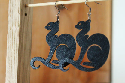 Wooden black earrings - with silver plated hooks - Cats 45x50 mm - 1.8x2 inches - made of plywood