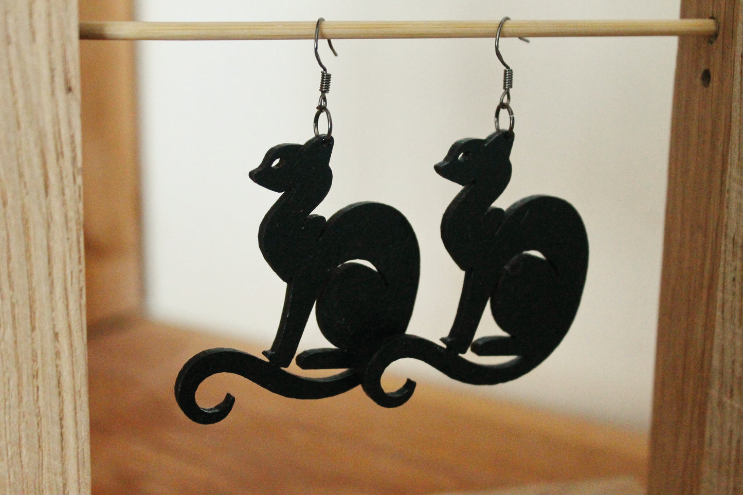 Wooden black earrings - with silver plated hooks - Cats 45x50 mm - 1.8x2 inches - made of plywood