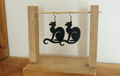 Wooden black earrings - with silver plated hooks - Cats 45x50 mm - 1.8x2 inches - made of plywood