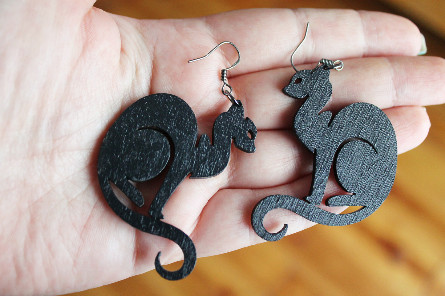 Wooden black earrings - with silver plated hooks - Cats 45x50 mm - 1.8x2 inches - made of plywood