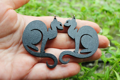 Wooden black earrings - with silver plated hooks - Cats 45x50 mm - 1.8x2 inches - made of plywood