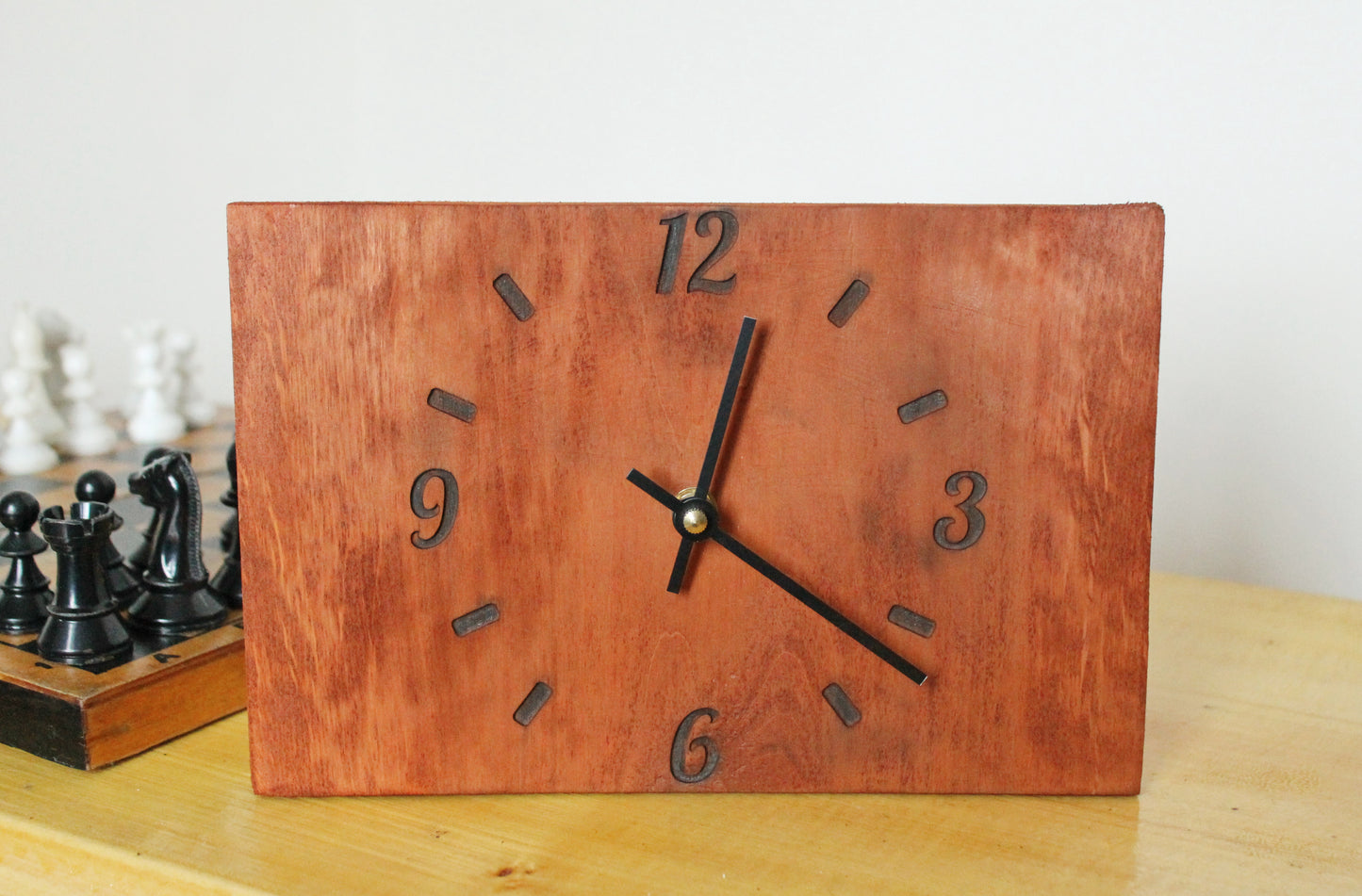 Wooden desk clock made of solid linden wood - red wood color - 230 mm - 9 inches - ready to ship - handmade clock