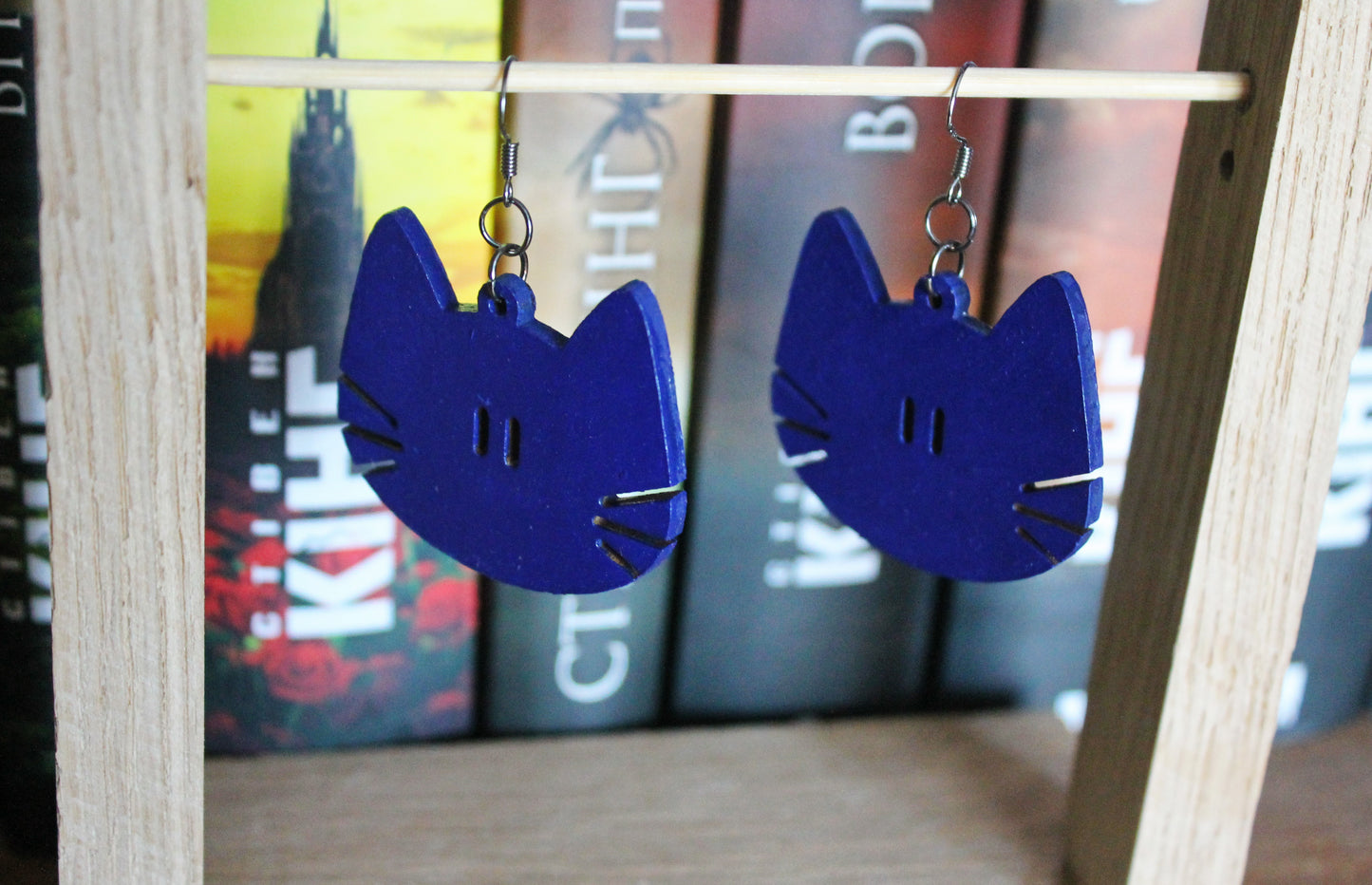 Wooden deep blue earrings - with silver plated hooks - Cats 46x40 mm - 1.8x1.6 inches - made of plywood