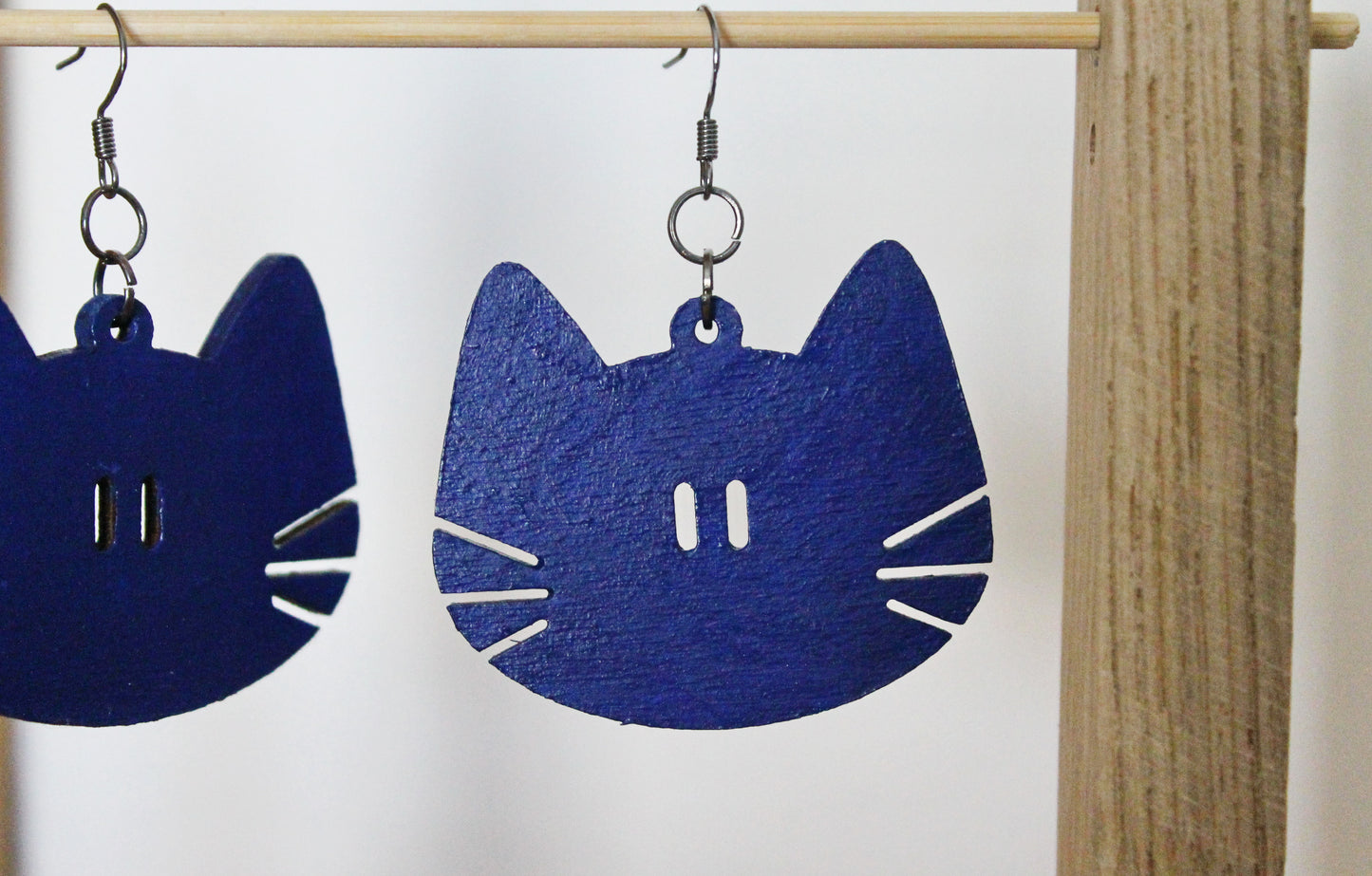 Wooden deep blue earrings - with silver plated hooks - Cats 46x40 mm - 1.8x1.6 inches - made of plywood