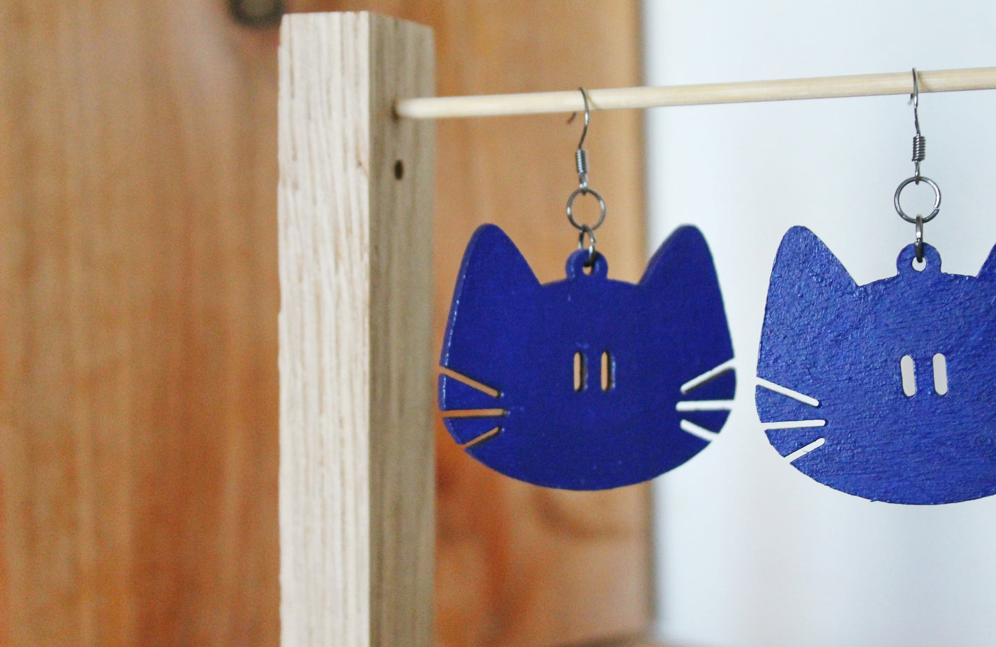 Wooden deep blue earrings - with silver plated hooks - Cats 46x40 mm - 1.8x1.6 inches - made of plywood