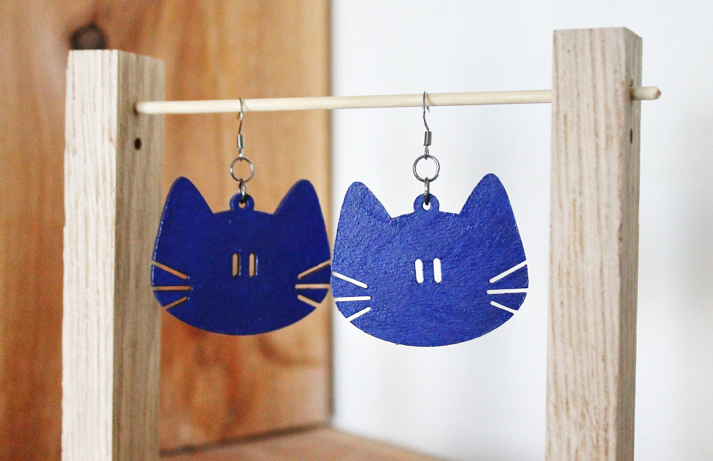 Wooden deep blue earrings - with silver plated hooks - Cats 46x40 mm - 1.8x1.6 inches - made of plywood