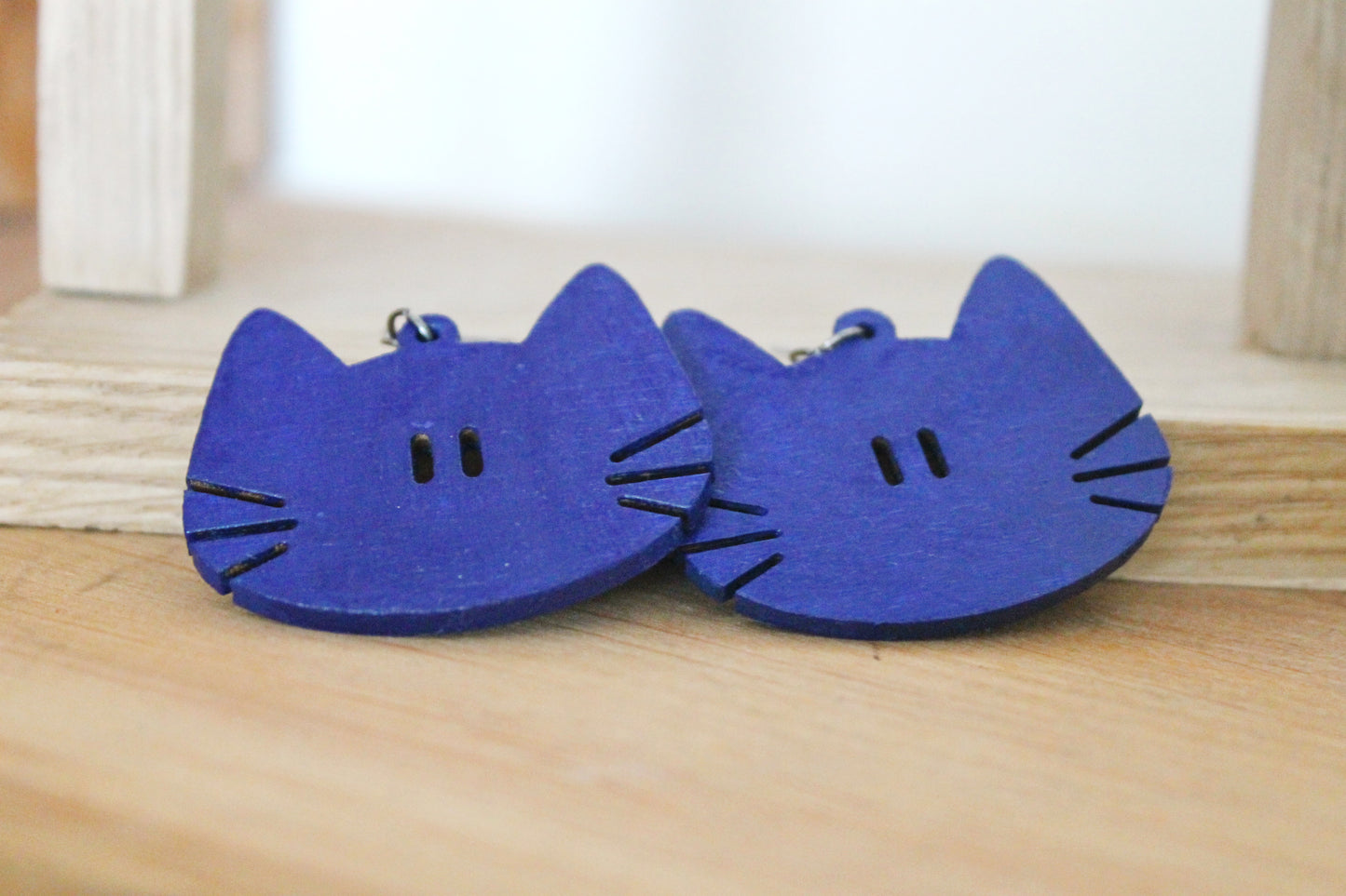 Wooden deep blue earrings - with silver plated hooks - Cats 46x40 mm - 1.8x1.6 inches - made of plywood