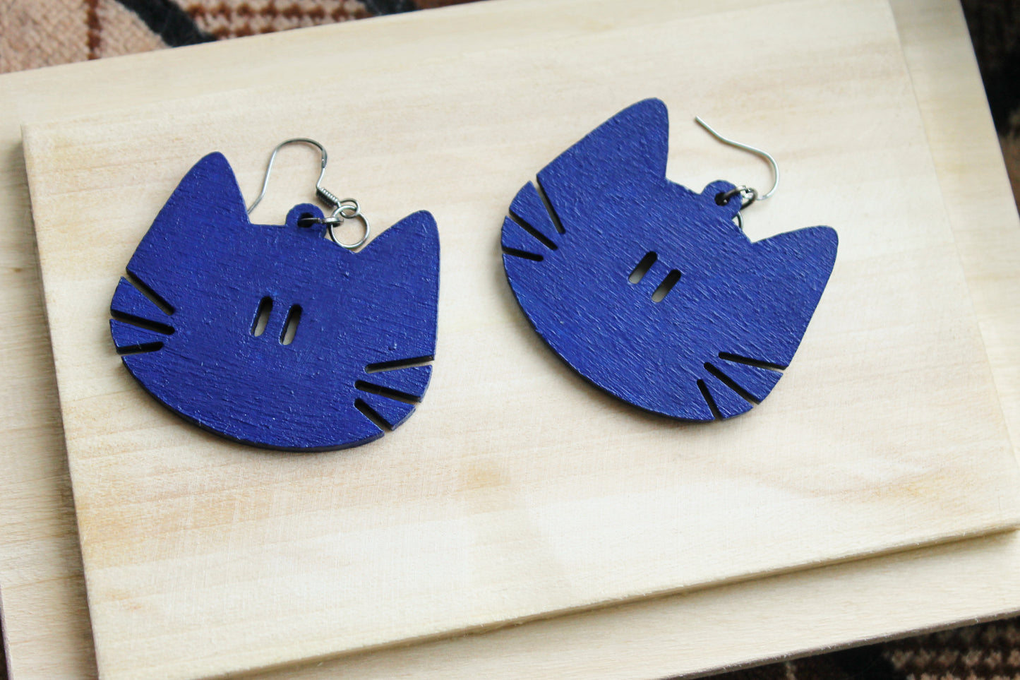 Wooden deep blue earrings - with silver plated hooks - Cats 46x40 mm - 1.8x1.6 inches - made of plywood