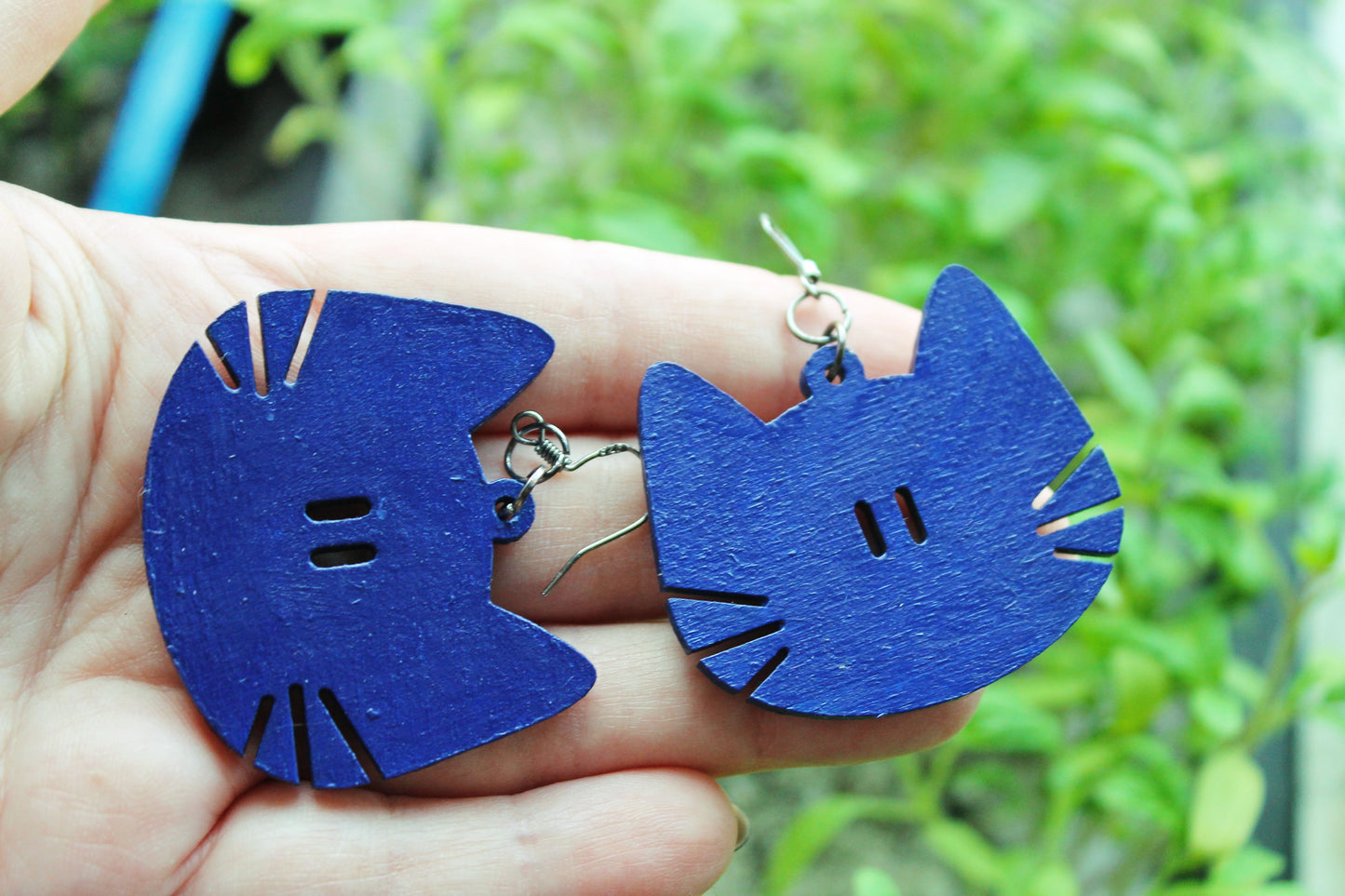 Wooden deep blue earrings - with silver plated hooks - Cats 46x40 mm - 1.8x1.6 inches - made of plywood