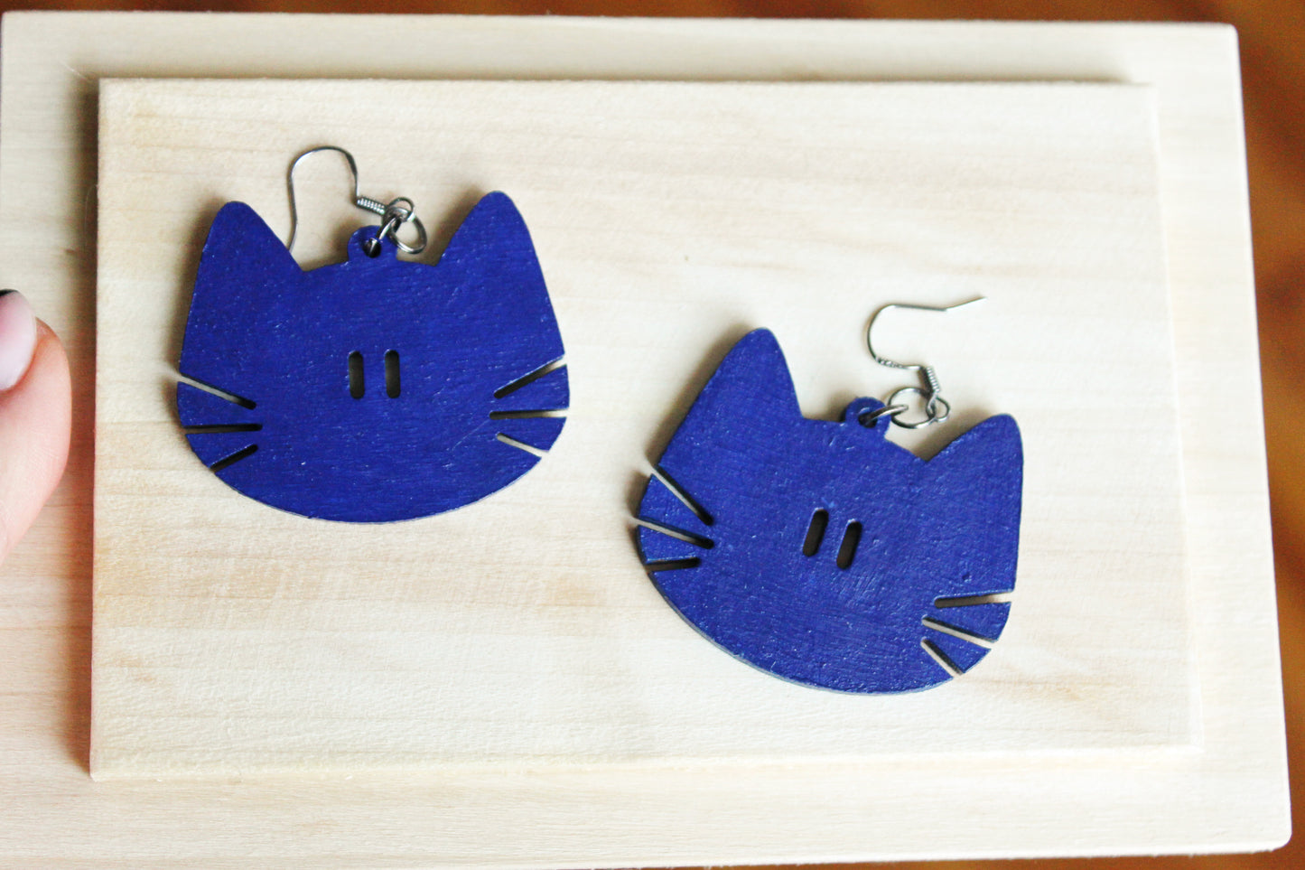 Wooden deep blue earrings - with silver plated hooks - Cats 46x40 mm - 1.8x1.6 inches - made of plywood