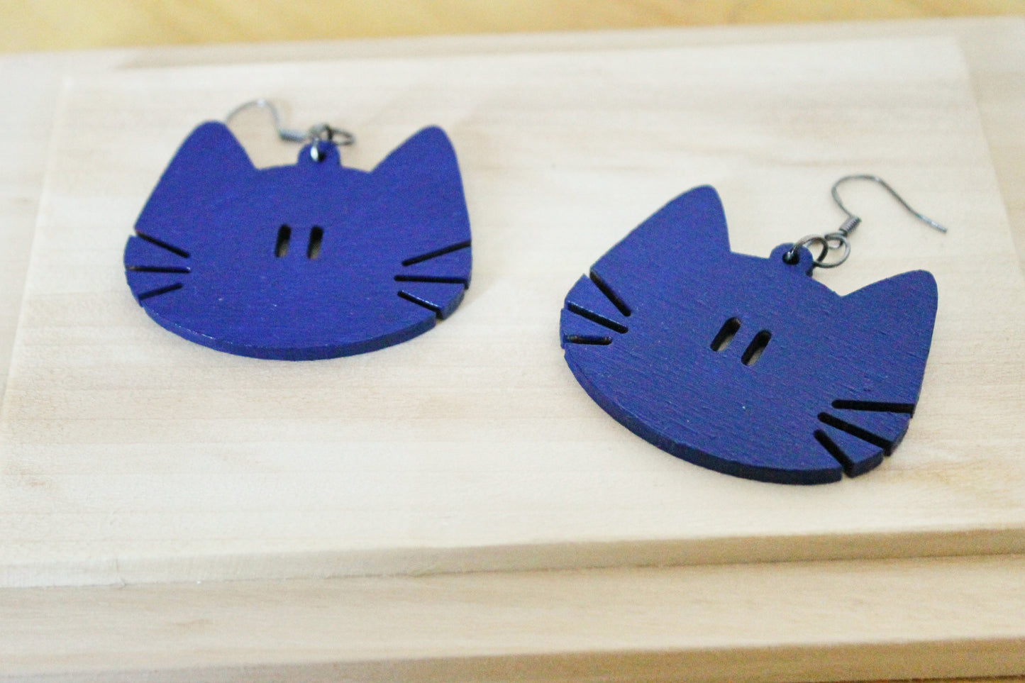 Wooden deep blue earrings - with silver plated hooks - Cats 46x40 mm - 1.8x1.6 inches - made of plywood