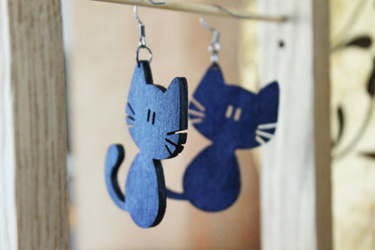 Wooden dark blue earrings - with silver plated hooks - Cats 50x44 mm - 2x1.7 inches