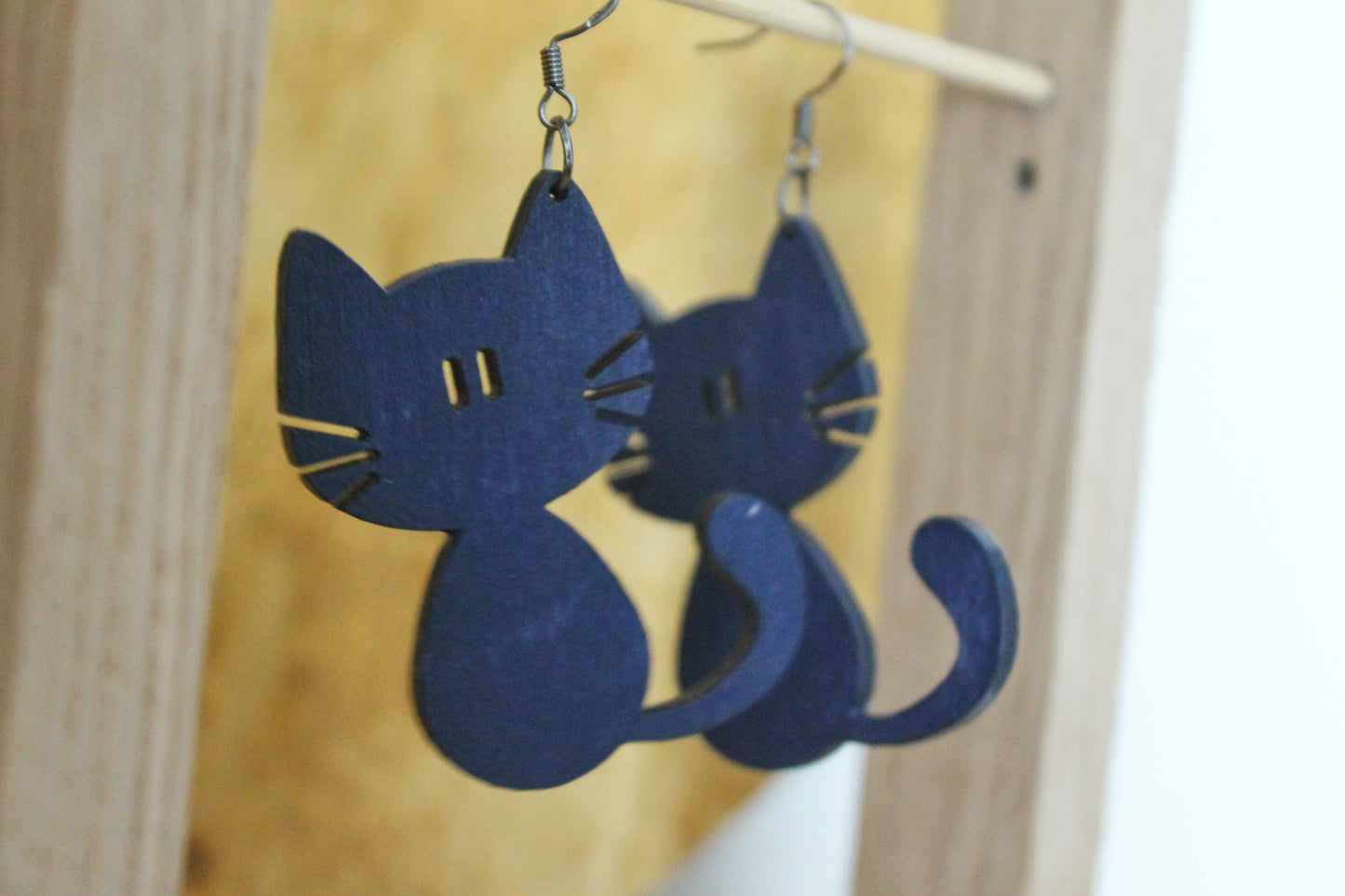 Wooden dark blue earrings - with silver plated hooks - Cats 50x44 mm - 2x1.7 inches