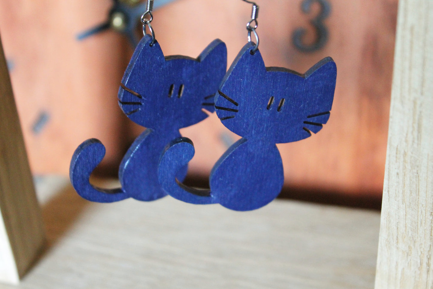 Wooden dark blue earrings - with silver plated hooks - Cats 50x44 mm - 2x1.7 inches