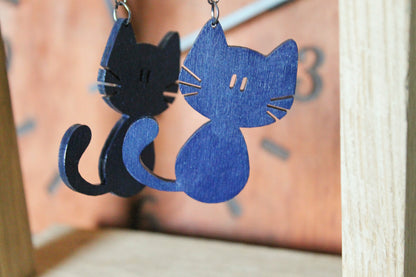 Wooden dark blue earrings - with silver plated hooks - Cats 50x44 mm - 2x1.7 inches