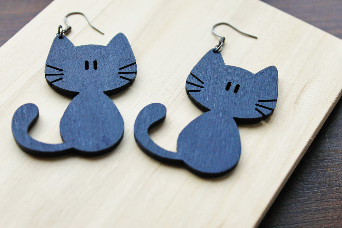 Wooden dark blue earrings - with silver plated hooks - Cats 50x44 mm - 2x1.7 inches