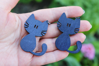 Wooden dark blue earrings - with silver plated hooks - Cats 50x44 mm - 2x1.7 inches