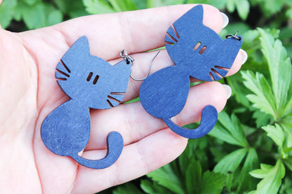 Wooden dark blue earrings - with silver plated hooks - Cats 50x44 mm - 2x1.7 inches