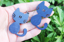 Load image into Gallery viewer, Wooden dark blue earrings - with silver plated hooks - Cats 50x44 mm - 2x1.7 inches
