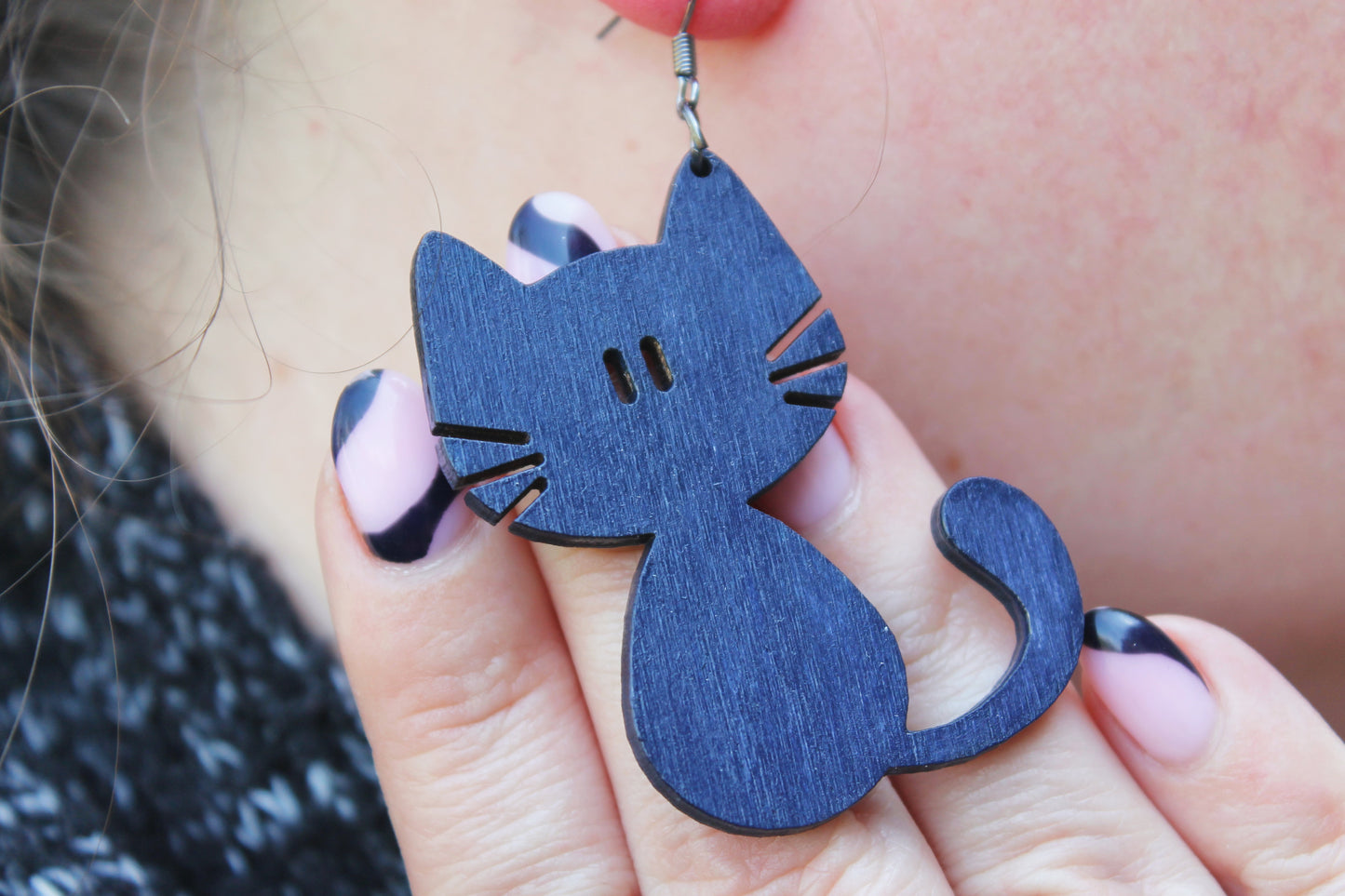 Wooden dark blue earrings - with silver plated hooks - Cats 50x44 mm - 2x1.7 inches