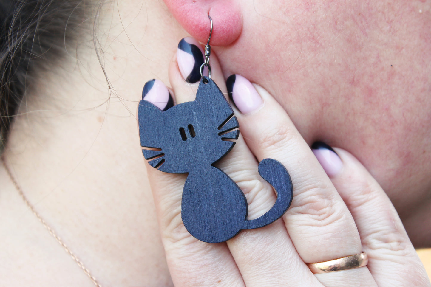 Wooden dark blue earrings - with silver plated hooks - Cats 50x44 mm - 2x1.7 inches