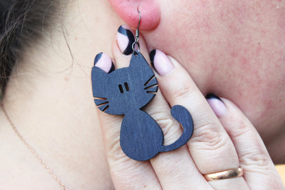 Wooden dark blue earrings - with silver plated hooks - Cats 50x44 mm - 2x1.7 inches