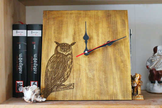 Wooden Owl wall/desk clock made of solid linden wood - walnut color