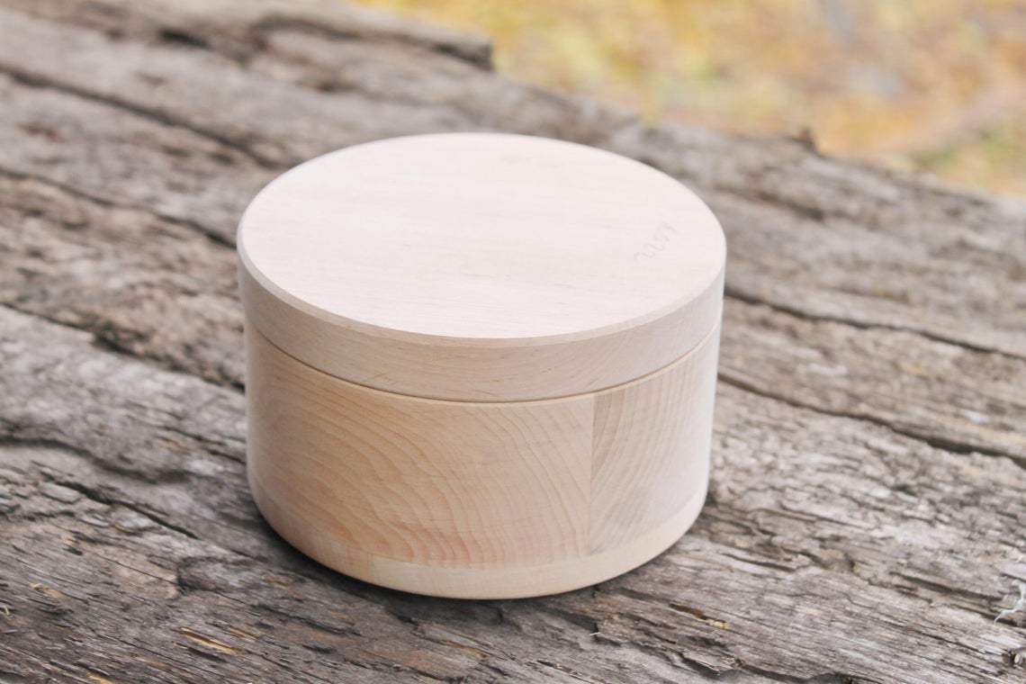 120 mm x 80 mm - Round unfinished wooden box - with cover - natural, eco friendly - 120 mm diameter