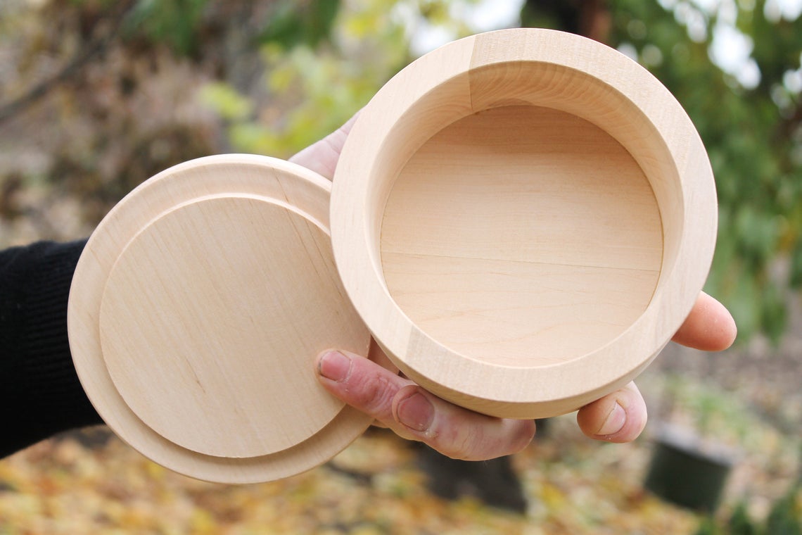 120 mm x 80 mm - Round unfinished wooden box - with cover - natural, eco friendly - 120 mm diameter