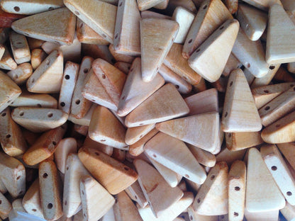 Triangular wooden textured beads with four holes - natural eco friendly - set of 100 pcs
