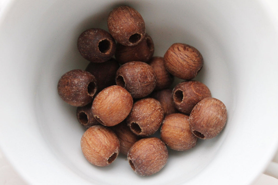13 mm Wooden textured beads 50 pcs with big hole - 5 mm - natural, eco-friendly - boiled in olive oil