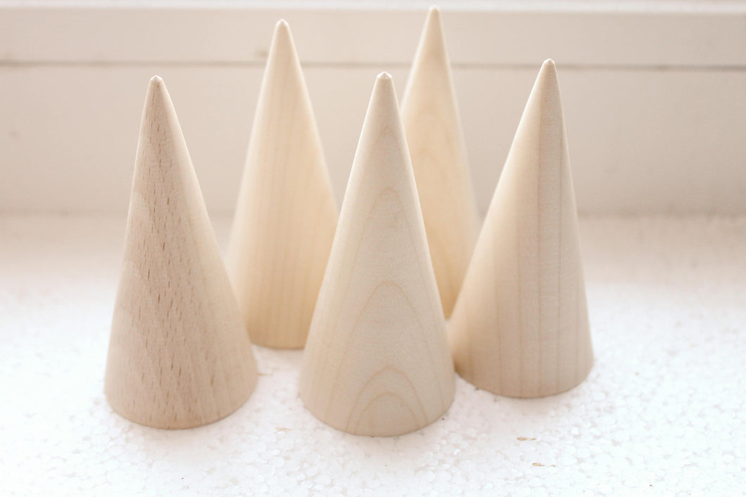 Set of 5 - Big Wooden cones 75x35 mm 5 pcs - eco friendly - CONES - without holes - beech wood