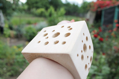 70 mm BIG Wooden bangle with many many different size holes unfinished corner - Cheese - unusual bracelet- natural eco friendly