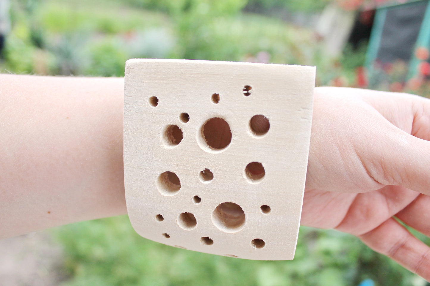 70 mm BIG Wooden bangle with many many different size holes unfinished corner - Cheese - unusual bracelet- natural eco friendly