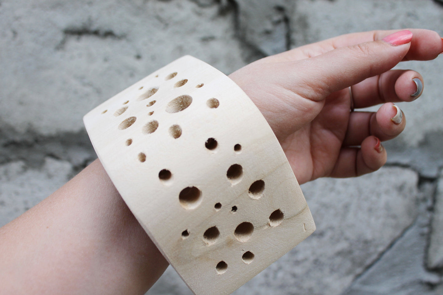 70 mm BIG Wooden bangle with many many different size holes unfinished corner - Cheese - unusual bracelet- natural eco friendly