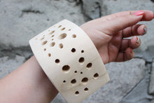 Load image into Gallery viewer, 70 mm BIG Wooden bangle with many many different size holes unfinished corner - unusual bracelet- natural eco friendly
