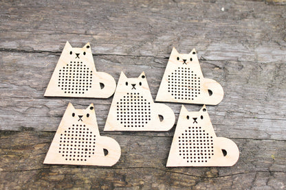 SET OF 5 - Cross stitch pendant blank Cat with tail - 2.3"x2.1" - cat blanks Wood Needlecraft Pendant, Necklace or Earrings - K1