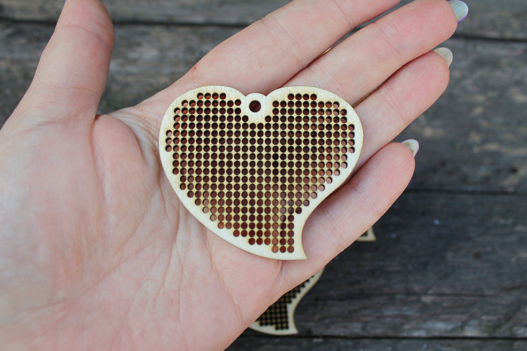 SET OF 5 - Heart Cross stitch pendant blank - blanks Wood Needlecraft Pendant, Necklace or Earrings - wooden cross stitch blank