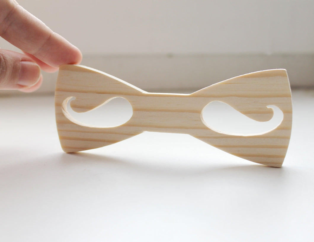 Unfinished wooden bow tie with the mustaches inside - natural - eco friendly - Pine wood